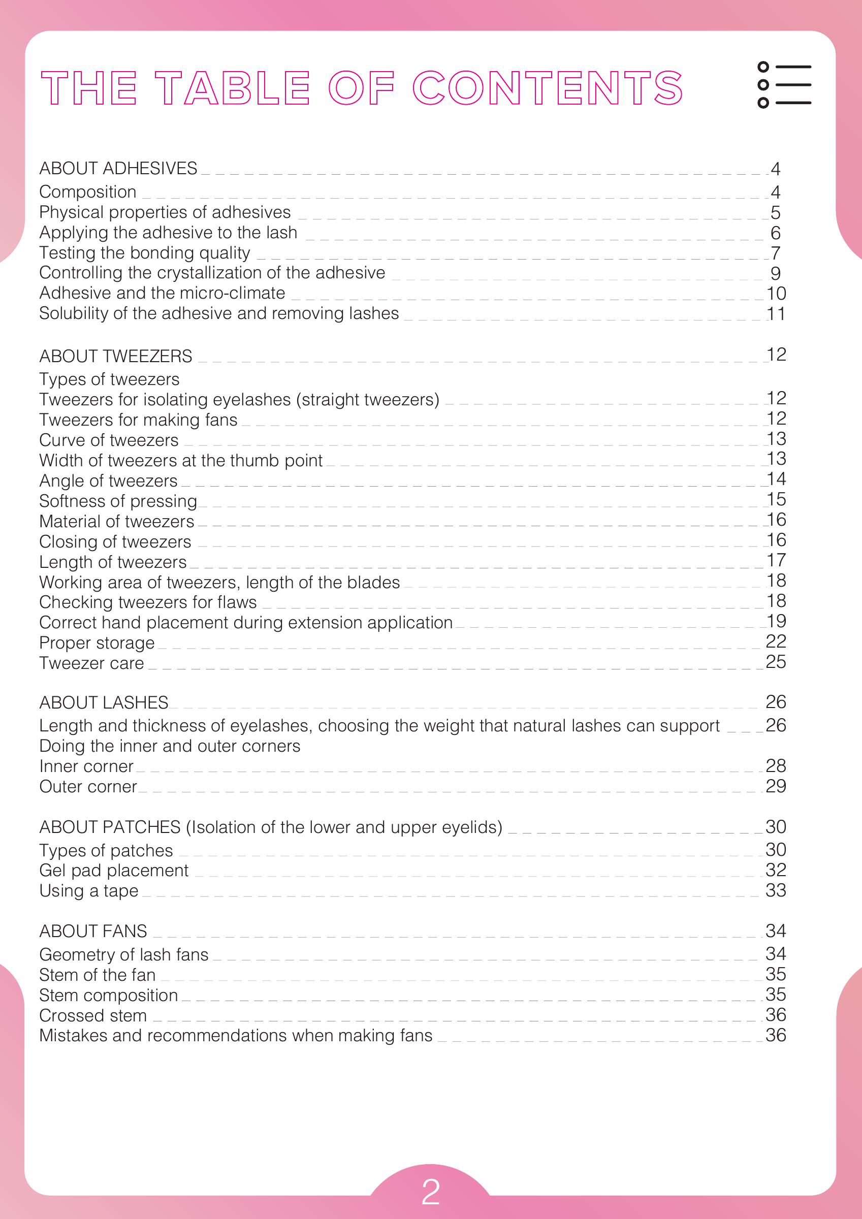 Table of contents, page 2, from Advanced Lash Training Manual
