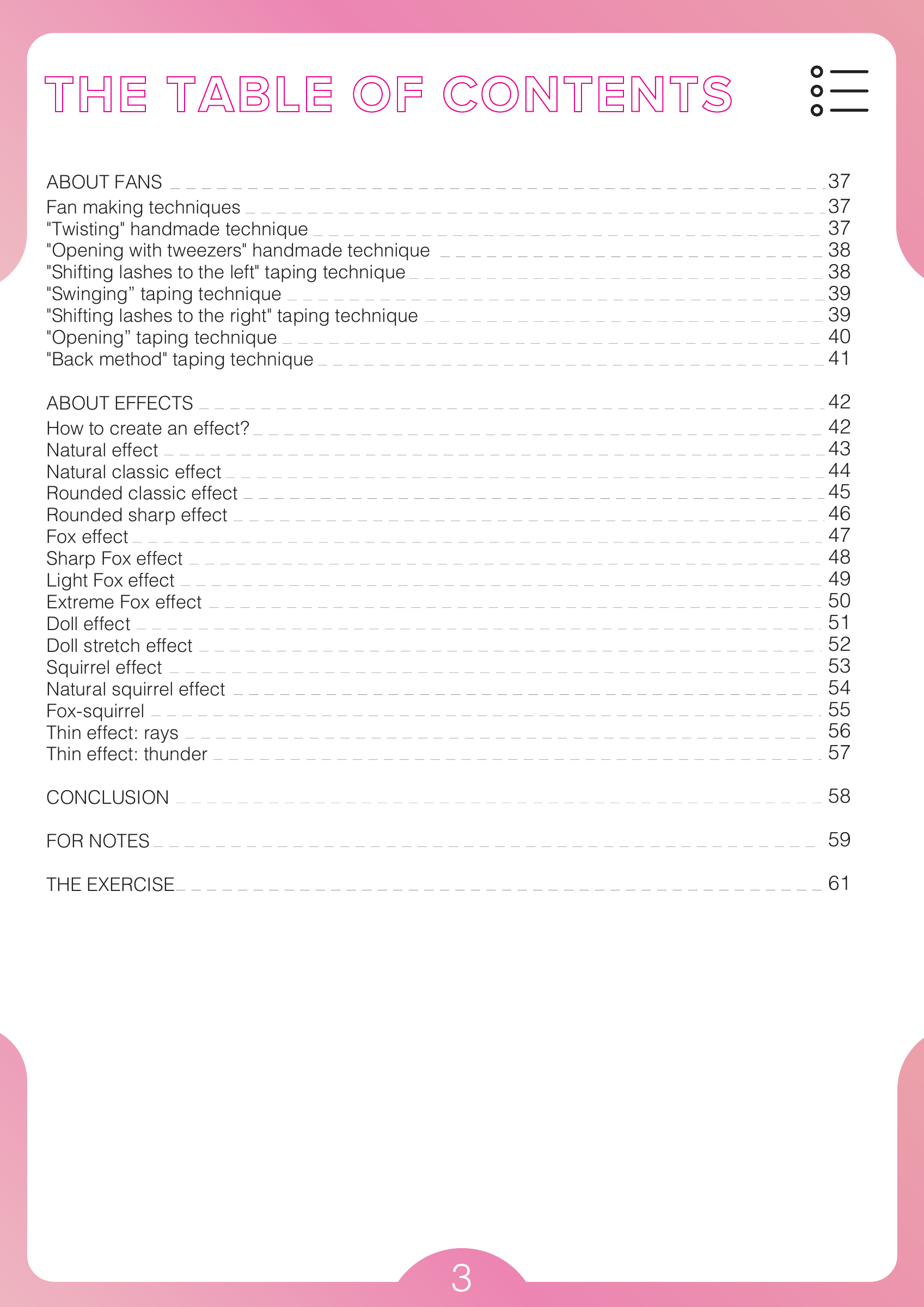 Table of contents, page 3, from Advanced Lash Training Manual