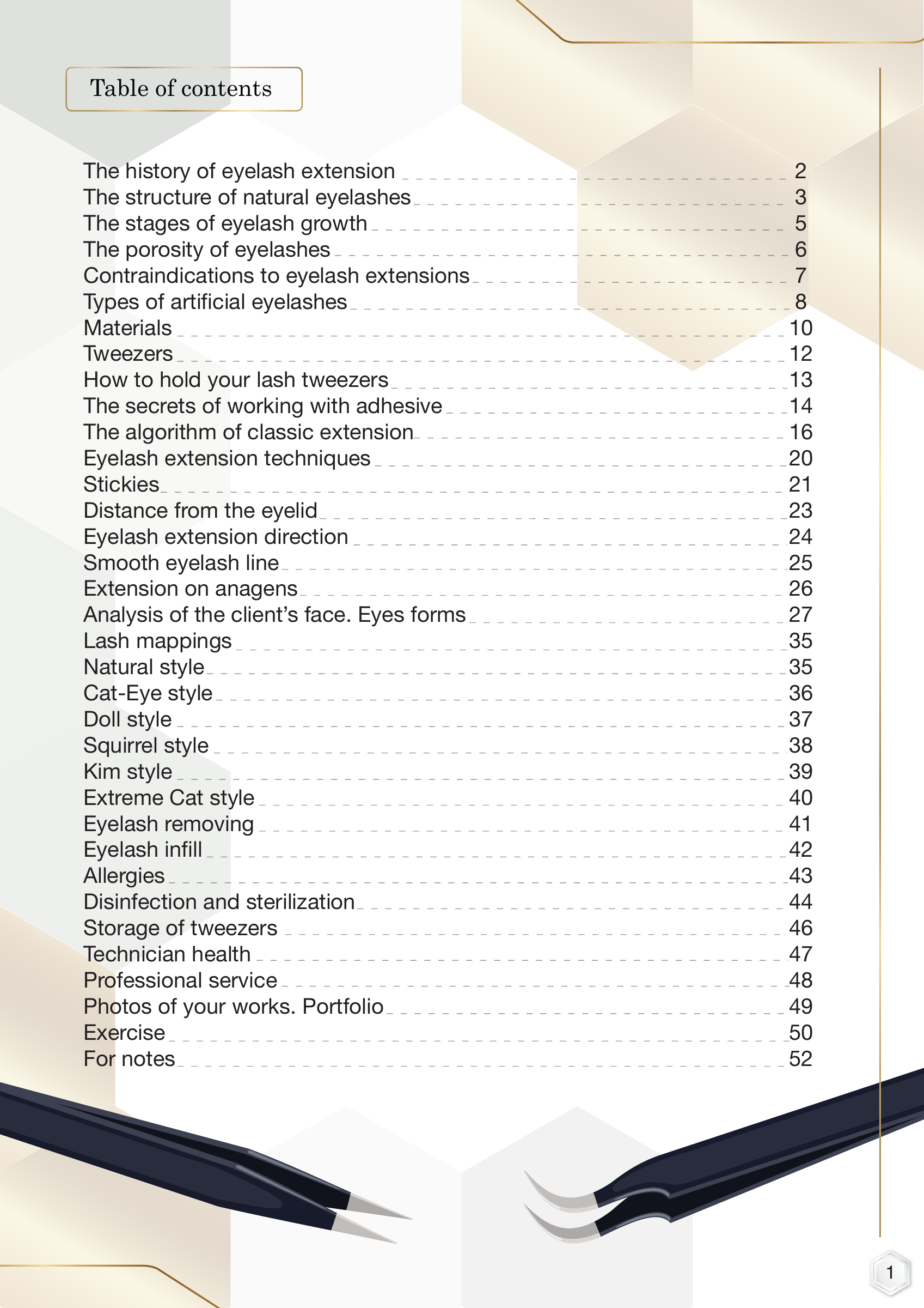 Table of contents from Classic Eyelash Base Course