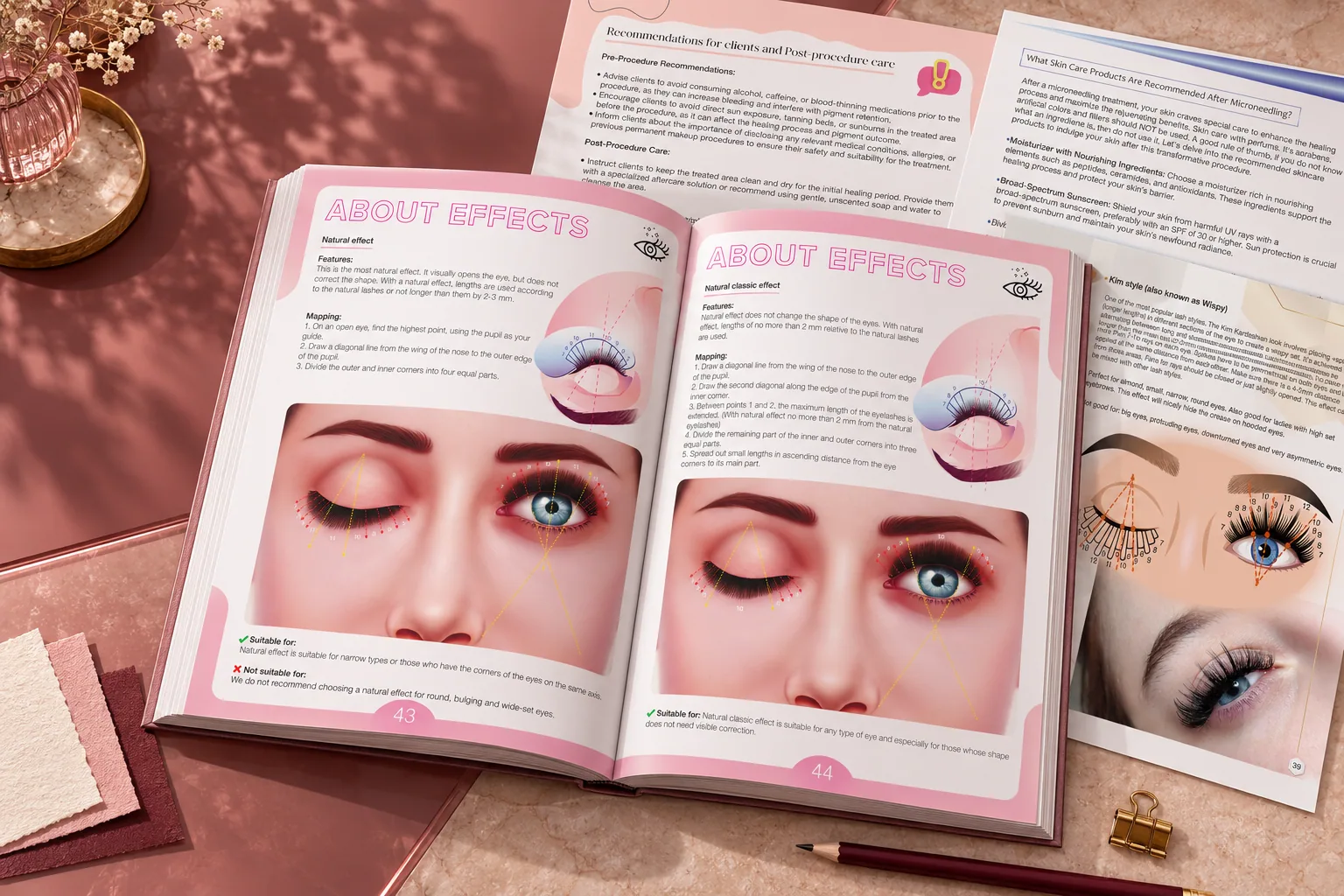 Open beauty training manual and professional proof pages on an editorial worktable