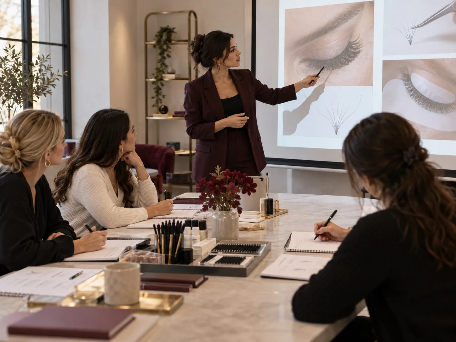Beauty trainer presenting eyelash extension techniques to a small professional class
